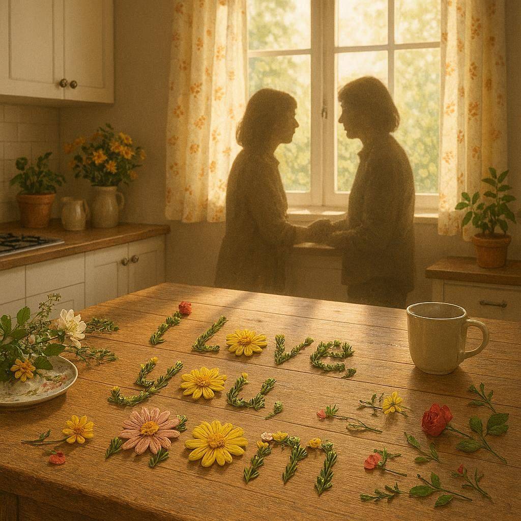 Cozy sunlit kitchen scene with a mother and adult child silhouette near a window, soft spring light, floral elements on the table forming the words “I Love You, Mom”, realistic textures